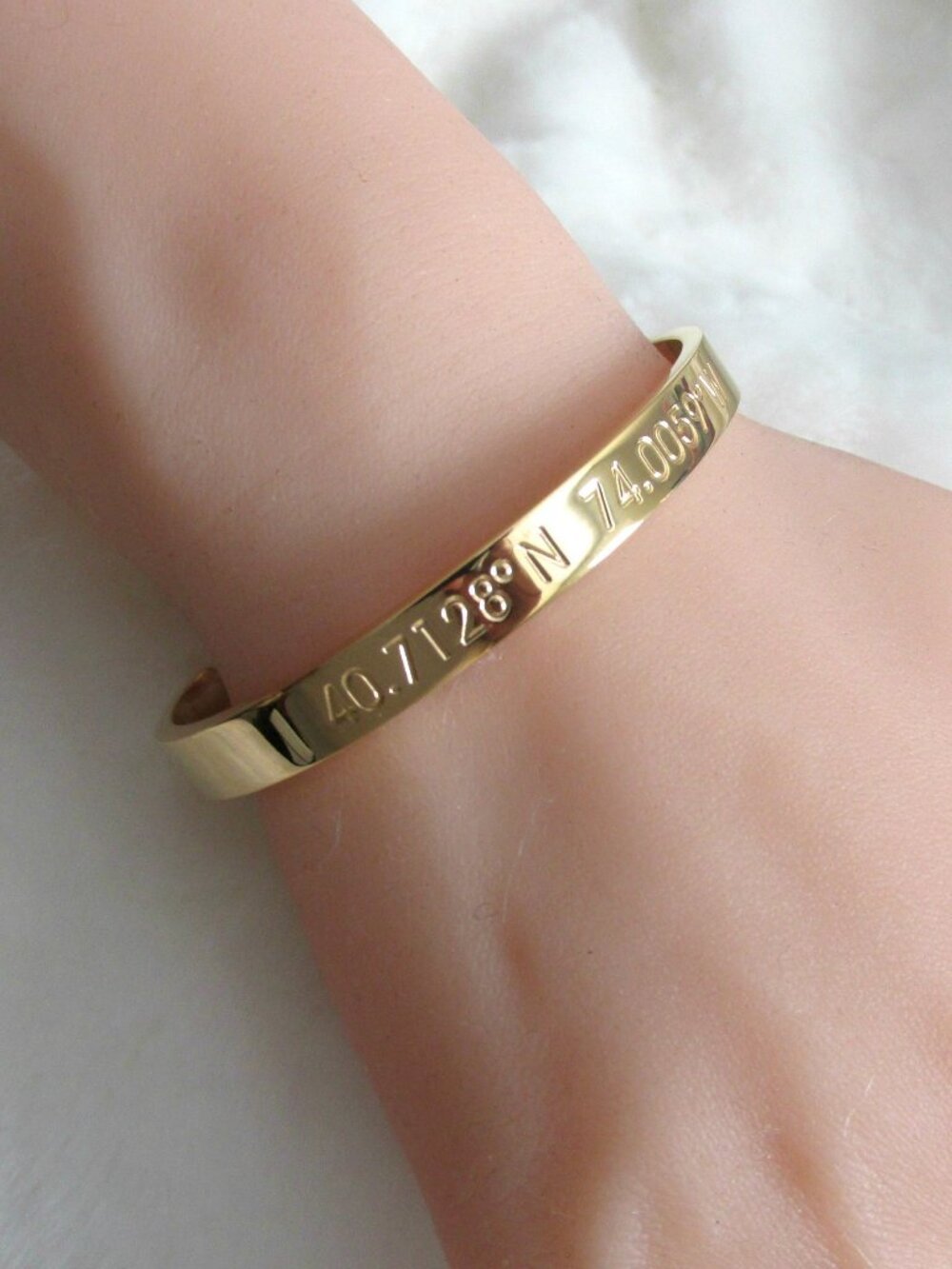 Retro Steel Time 18kt Gold "New York" Coordinates Engraved Cuff Bracelet